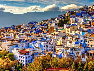 Morocco - Chefchaouen panorama, blue city skyline on the hill, Morocco - Dinozzzaver groot